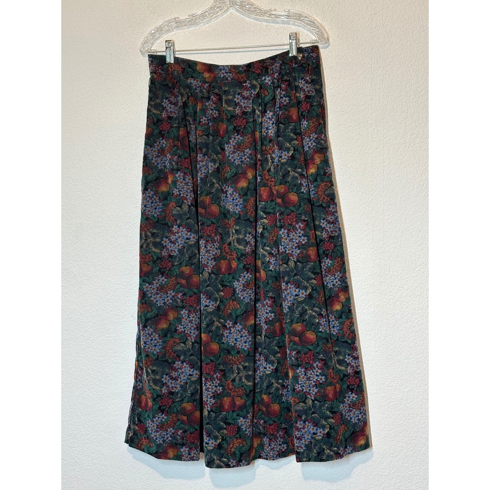 Vintage LL Bean Corduroy Floral Fruit Maxi Skirt Green Red K160 Womens 14 USA